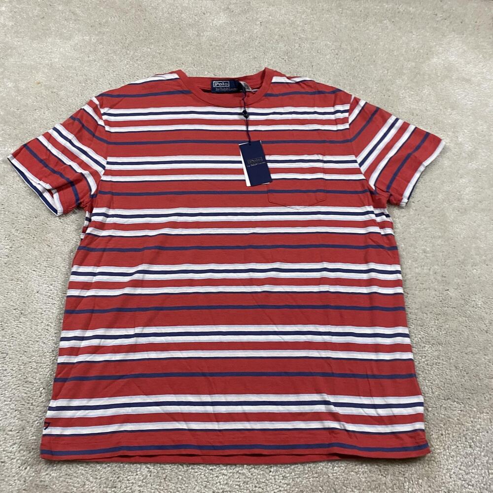 Polo Ralph Lauren Shirt Mens M Red Stripe Classic Fit Pocket Crewneck Cotton